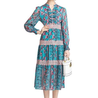 China 2022 Anti-static New Mid-waist Thin Cheongsam Button Women's Early Spring Bohemian Print Quilting Dress for sale