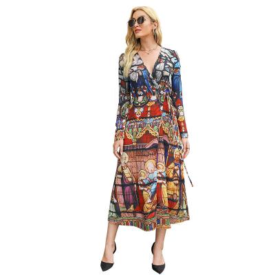 China Anti-Static Customized Women's Retro Printing Floral Dresses Dress Exotic V-Neckline Criss-Cross Slim Split Maxi Dress for sale