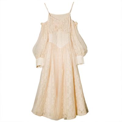 China Anti-wrinkle bud embroidery silk skirt with straps apricot web celebrity photo dinner leisure beach dress sexy nude dress for sale