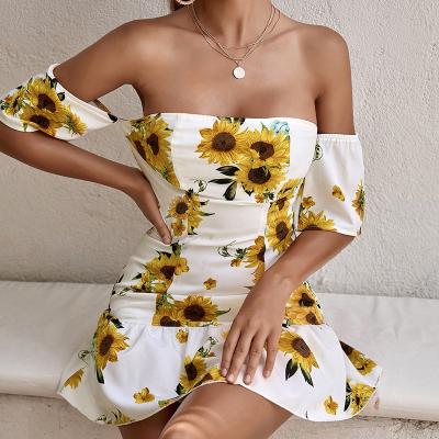 China 2022 summer nine shoulder short skirt sunflower print ruffle anti-static dress for sale