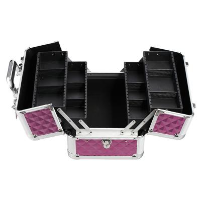 China Functional Pink Aluminum Frame Multilayers Cosmetic Case Large Aluminum Vanity Case Make Up Case With Trays for sale