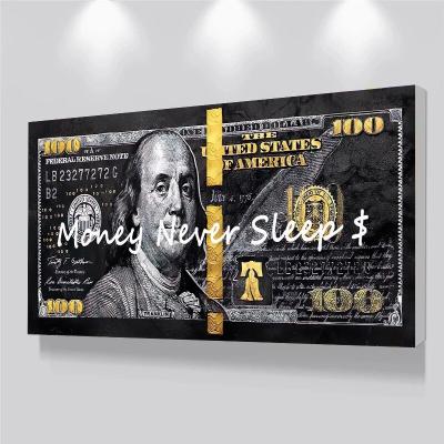 China Modern Inspirational Quote Money Never Sleeps Future Money Poster Wall Art 100Dollars Canvas Painting For Room Home Decor for sale