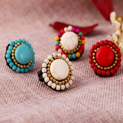 China BOHEMIA High Quality Unique Wholesale Bohemian Rings Turquoise Braid Wax Rope Stone Ring for Men and Women for sale