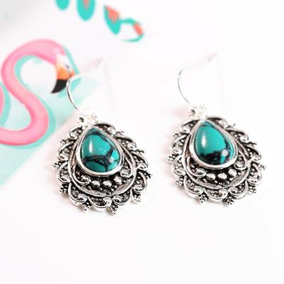 China Natural Women's 925 Sterling Silver Natural Turquoise Gemstone Hook Earring Dangle Stud Vintage Earring Party Jewelry for sale