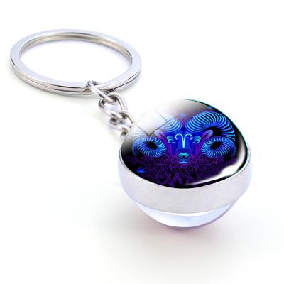 China Environmental Friendly 12 Key Chain Fashion Double Side Cabochon Glass Ball Key Chain Zodiac Signs Key Ring Holder for sale