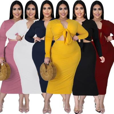 China Fall 2021 Women Clothes V-Neck Blouse Half Cotton Sexy QUICK DRY Casual Skirt Fall Ribbed Band Plus Size Women's Skirts Two Piece Set for sale