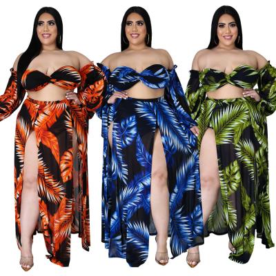 China Floral Print Breathable Sexy Long Sleeve Tube Top Summer Beach Plus Size Swimwear With Skirt Irregular Women's 3 Piece Swimsuit for sale