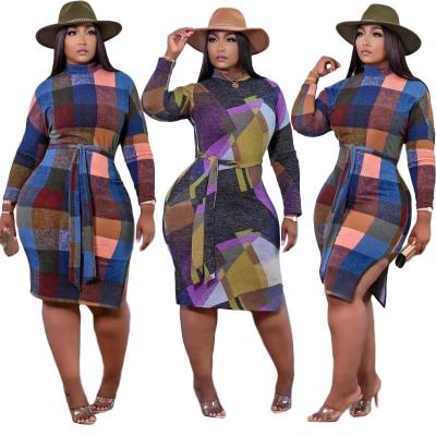 China Fall 2021 Best Selling Women Clothes Anti-Static Fashion Casual Plaid Print Long Sleeve Abstract Dress for sale