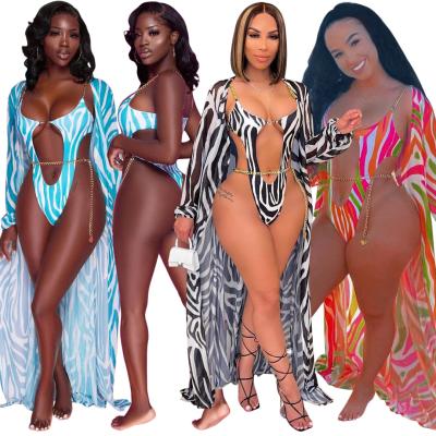 China 2021 Latest One Piece Cut Out Design Breathable Sexy Bikini Printed Beach Dress Women Two Piece Swimwear Bathing Sexy Suits With Cover for sale