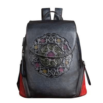 China High End Genuine Polyester Cowhide Leather Backpack Chinese Style Printing Women Two-shoulder Lady Bags Backpacks for sale