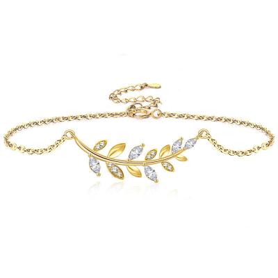 China TRENDY Hot Selling Fashion Woman 14k Gold Plated Olive Leaf Zircon S925 Sterling Silver Adjustable Bracelet for sale