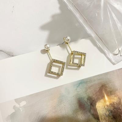 China Fashion Fashionable New Fashion Simple Retro Square Hollow Diamond Pearl Earrings Jewelry Temperament For Women for sale