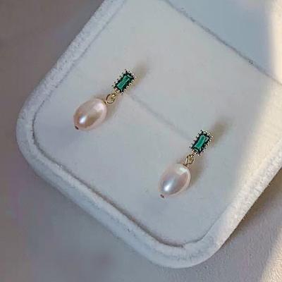 China 2021 new cute green white zircon s925 needle water drop natural pearl funky handmade earrings for sale