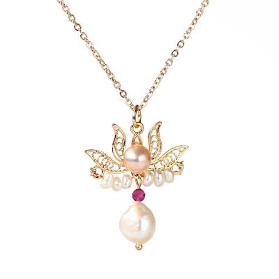 China 2021 fashion female lotus costume natural copper plated 14K gold necklace with freshwater pearl necklace for sale