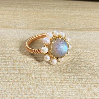 China 2021 TRENDY Labradorite Moonstone 14k Natural Gold Plated Mesh Bag Wrapped Manual Adjustable Beaded Rings for sale