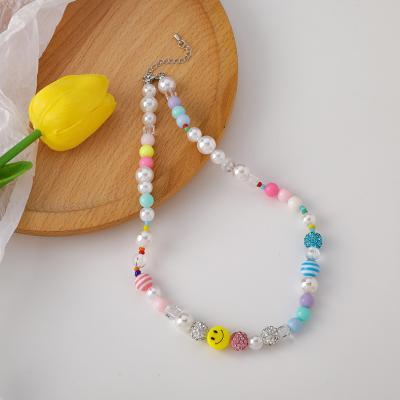 China 2021 New Fashion Trendy Fashion Smiling Face Pearl Jewelry Handmade Beaded Crystal Necklace For Women for sale