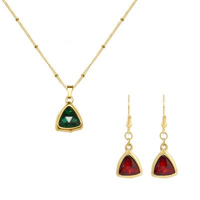 China 2pcs Set Lead Free Nickel Free Green Red Green Gemstone Jewelry Set Stainless Steel Earring Necklace Luxury Crystal Jewelry for sale