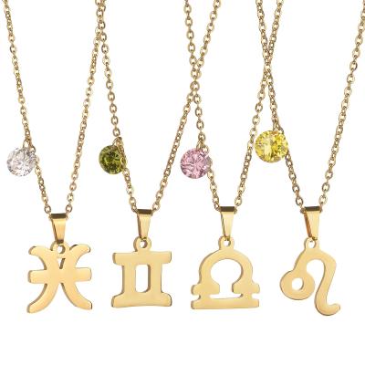 China TRENDY 12 Zodiac Necklace Jewelry 18K Gold Stainless Steel Charm 12 Month Birthstone Zircon Pendant Necklace For Women Birthday Gift for sale