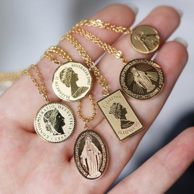 China TRENDY Classic Design 18K Necklace Stainless Steel Gold Plated Jewelry Virgin Mary Elizabeth Coin Pendant Necklace for sale