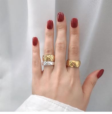 China Fashion CLASSIC Rhombus Texture Ring 18K Gold Plated Stainless Steel Jewelry for sale