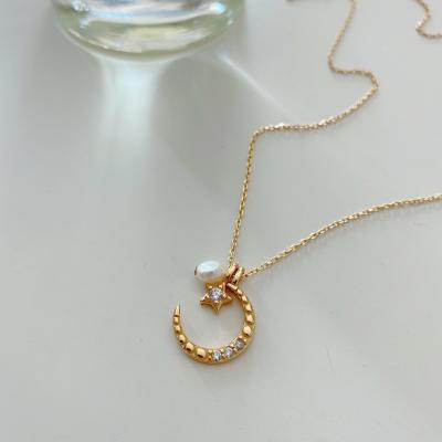 China Trendy Simple Jewelry Women's Necklace 925 Sterling Silver Star Moon Pearl 18K Gold Plated Chain Necklaces for sale