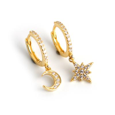 China Jewelry 925 Sterling Silver Zircon Earrings 18K Fine Gold Filled Moon And Star Earrings for sale