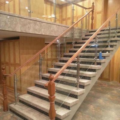 China Home House Railing / Commercial Building Stainless Steel Column Solid Wood Stair Railing for sale