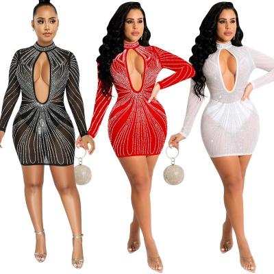 China 2022 Women's Night Anti-Static Mesh Dresses Ladies Skirt Street Diamond Cut Out Front Backless Bodycon Mini Dress Sexy Club Party dresses for sale