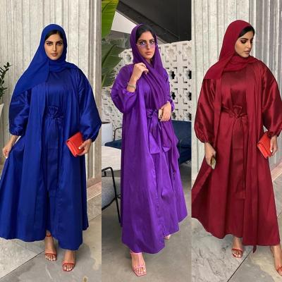 China Polyester/Satin Abaya Dubai Spandex Fashion Matching Front Muslim Open Front Robe Kimono Turkey Wedding 2 Piece Women Outfits Long for sale