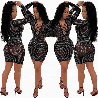 China Hottest Women Diamond Dress Breathable Rhinestone Mesh Bodycon Club Dresses Equalizing Ladies Prom Sexy Formal Dress for sale