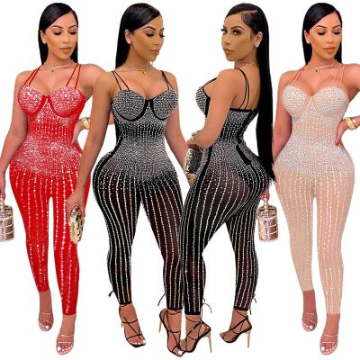 China Overall Lady Sexy Diamond Sheer Mesh See Through Backless Rompers Club Party Jumpsuit Women Breathable Rhinestone V-Neck Strapless for sale