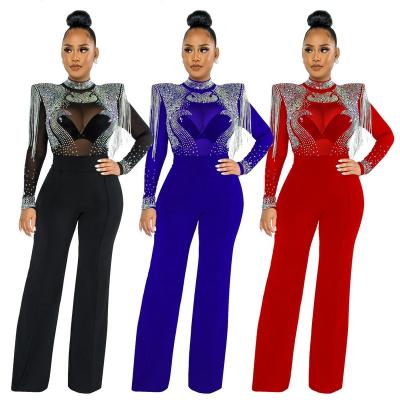 China Breathable Women Slim Overalls Sexy Crystal Night Club Rompers Prom Evening Party Mesh Sheer Rhinestone Jumpsuit Lady High Collar Tassel for sale