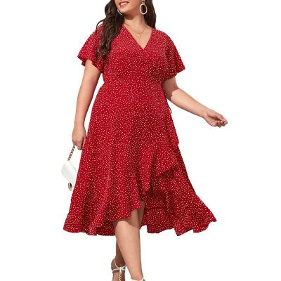 China New Fashion Women's 4XL Polka Dot Print Dress Ladies Beach Bohemia Midi Loose Dresses Plus Size Ruffle V-Neck Sleeve Shorts for sale