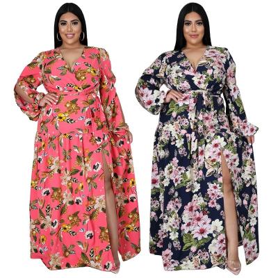 China L-4XL Viable Large Plus Size Dresses For Women Floral Print V Neck Long Sleeve Split Party Elegant Long Beach Maxi Dress Wholesale for sale