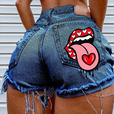 China QUICK DRY drop shipping women's mouth print fringed denim shorts hippie summer jeans short pants sexy ripped street wear for sale