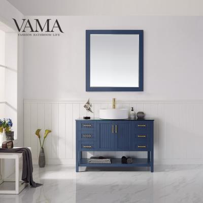 China VAMA Waterproof 48 Inch Classic Used Waterproof Blue Vessel Sink Bathroom Vanity With Glass Vanity Top for sale