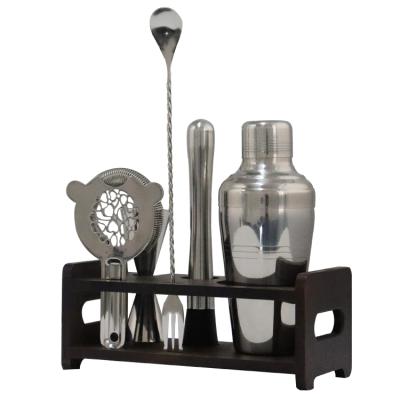 China Sustainable Bamboo Cocktail Shaker Set Stainless Steel Six-Piece Stand Mirror Set Bar Set for sale