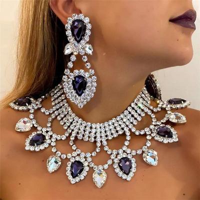 China Romantic Green Crystal Necklace Earring Set Luxury Statement Women Bridal Party Jewelry Sets Formal Dress for sale