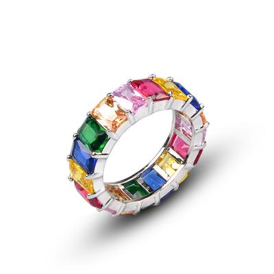 China BOHEMIA 18K Gold Plated Emerald-Cut Rainbow Eternity Ring Women Mini Wedding Jewelry Ring Multi Color Created Gemstone for sale