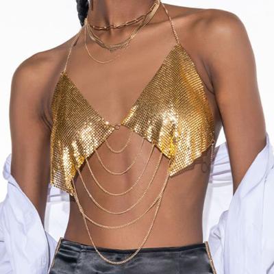 China FASHIONABLE Sexy Shiny Crop Top Shiny Backless Gold Bra Chain Metal Texture Summer Bra Strap Body Chain for Night Club for sale