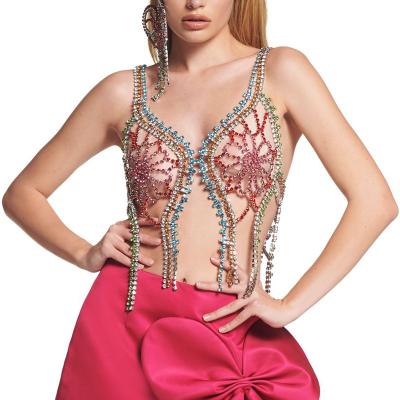 China 2022 Silver Sleeveless Body Chain Crystal Crochet Flower Top Butterfly Rhinestone Jewelry FASHION Multilayer Lingerie Swimwear for sale