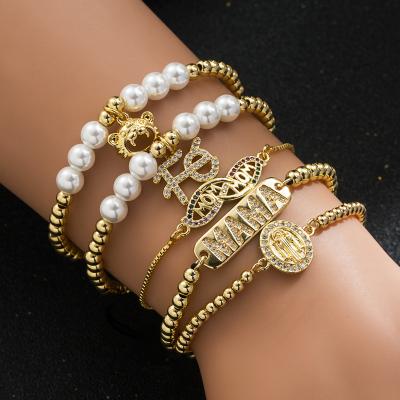 China TRENDY Mom Bracelet Pearl 18k Plated Cute Tiger Link Chain Handmade Adjustable Beaded Bracelet Charm Jewelry Birthday Gift Fe for sale