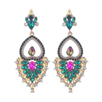 China TRENDY Vintage Green Dangle Long Earrings For Women Ethnic Pink Teardrop Exquisite Crystal Bridal Wedding Earrings for sale