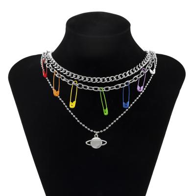 China Fashionable Colorful Pop Punk Multi Layered Pin Planet Necklace Y2K Saturn Hip Scarf Safety Necklace Unisex Silver Pendant Jewelry for sale