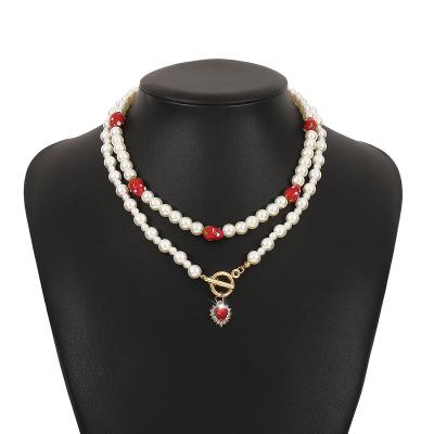 China TRENDY 2 Pcs Trend Red Rhinestone Gem Heart Strawberry Fields Necklace Girls Beaded Pearl Necklace Jewelry Women for sale