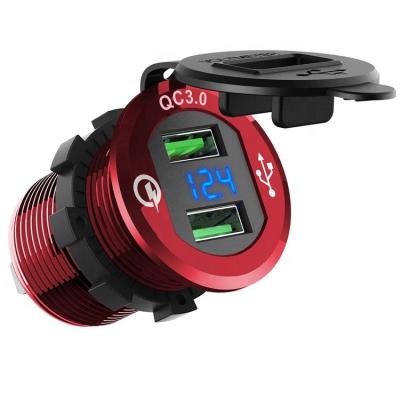 China Long Life and Exquisite Design Aluminum Alloy 36W Dual USB 3.0 Socket Outlet Voltmeter Fast Power Car Charger Red QC for Marine Boat RV for sale