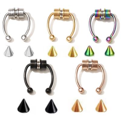 China 2021 Vintage Non Piercings Jewelry Stainless Steel Magnet Fake Nose Ring Horseshoe Ring Nose Stud for sale