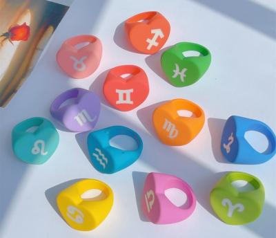 China New CLASSIC Wholesale Geometric Color Candy Color 12 Zodiac Signs Ring Cute Resin Rings For Girls for sale