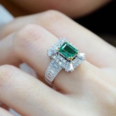 China FASHIONABLE Hot Selling Baguette Diamond Ring Silver Plated Inlay Emerald Europe and America Engagement Ring for sale