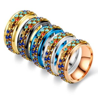 China Amazon FASHIONABLE New Products Ring Stainless Steel Colorful Crystal Rotating Zircon Ring For Women for sale